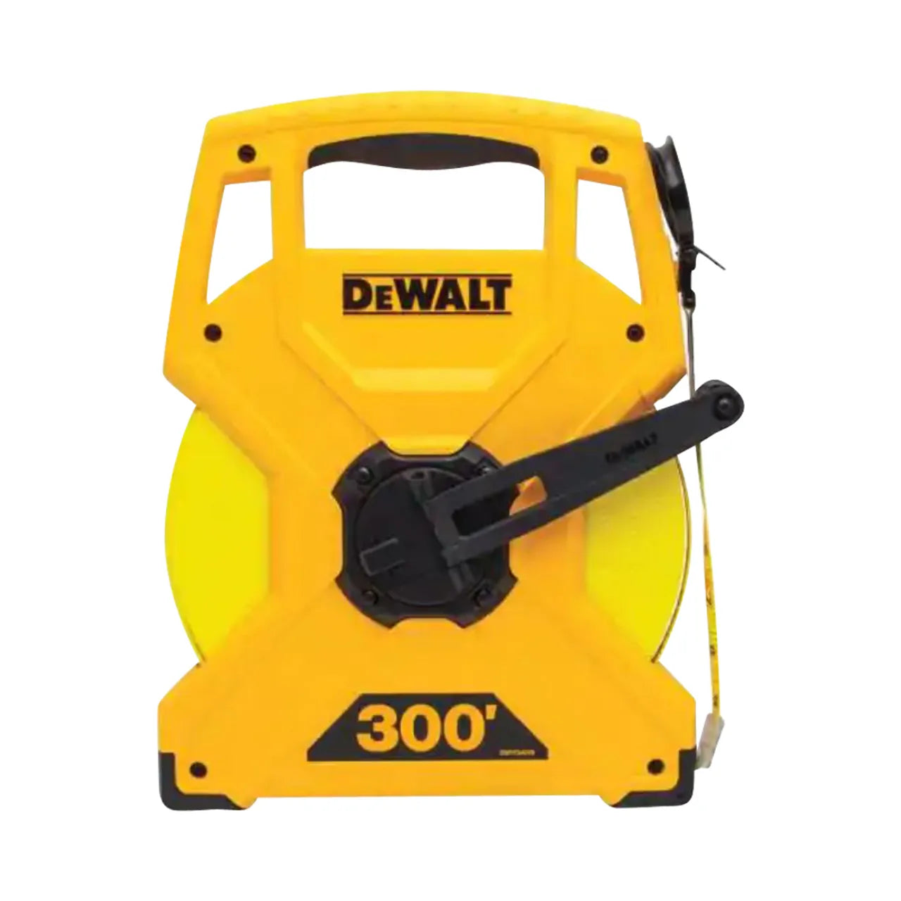 A Go Build, The Fastest Way To Build 300 ft. Measuring Tape in yellow with a black handle and crank offers a durable solution for long-distance measurements, shown on a white background.